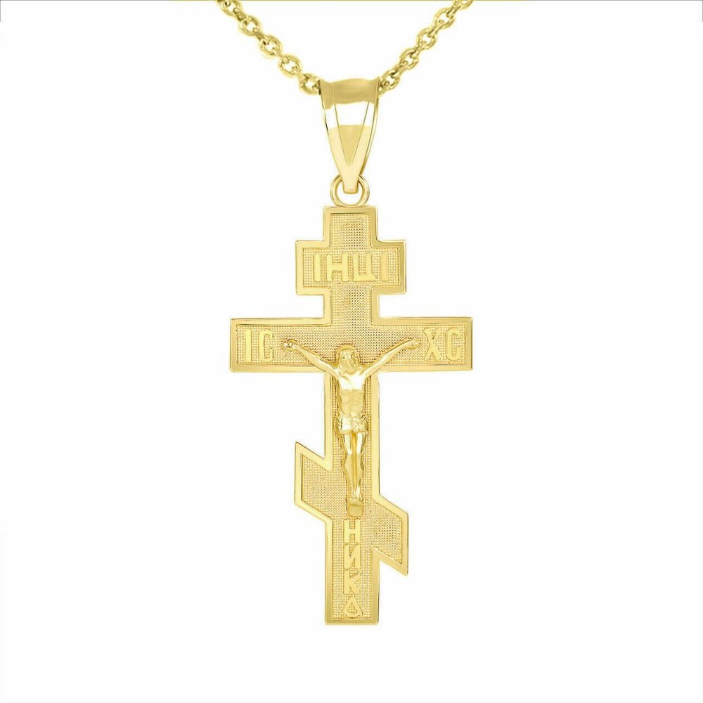14k Solid Gold Jesus Orthodox Crucifix Russian Cross Christ Necklace
